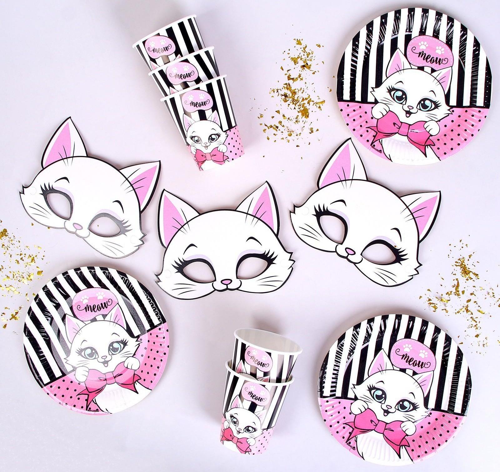 Набор бумажной посуды c масками «Кошечка», 6 тарелок, 6 стаканов, 6 масок