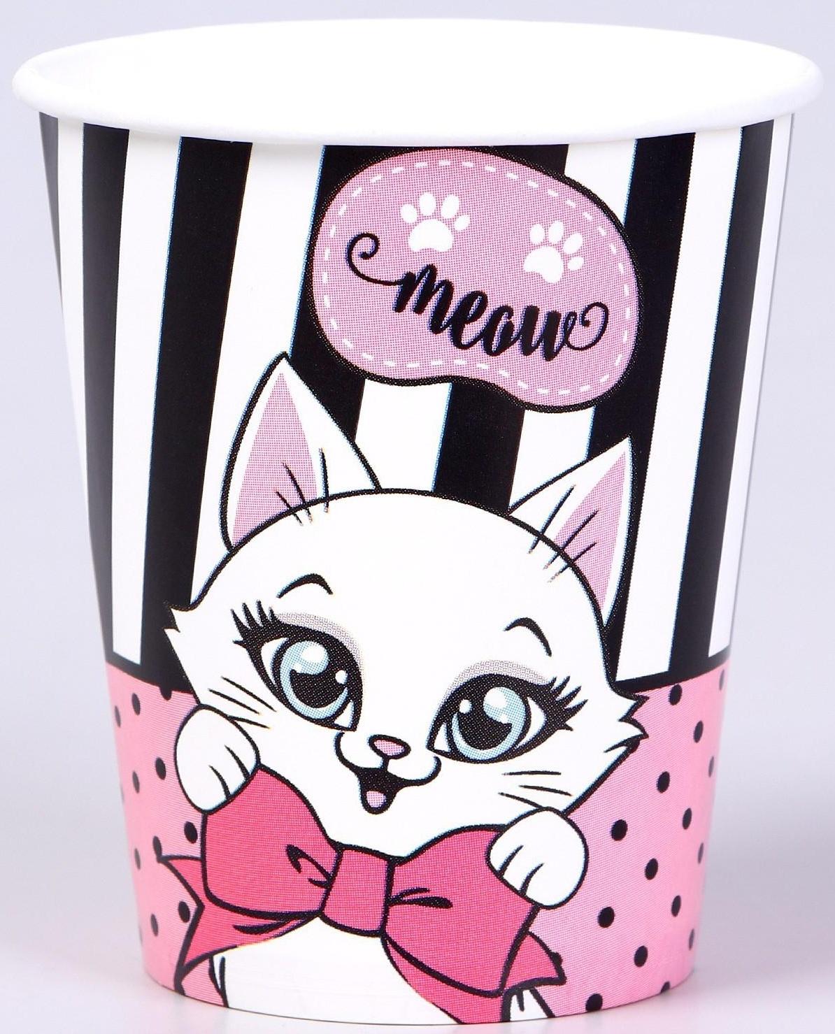 Набор бумажной посуды c масками «Кошечка», 6 тарелок, 6 стаканов, 6 масок