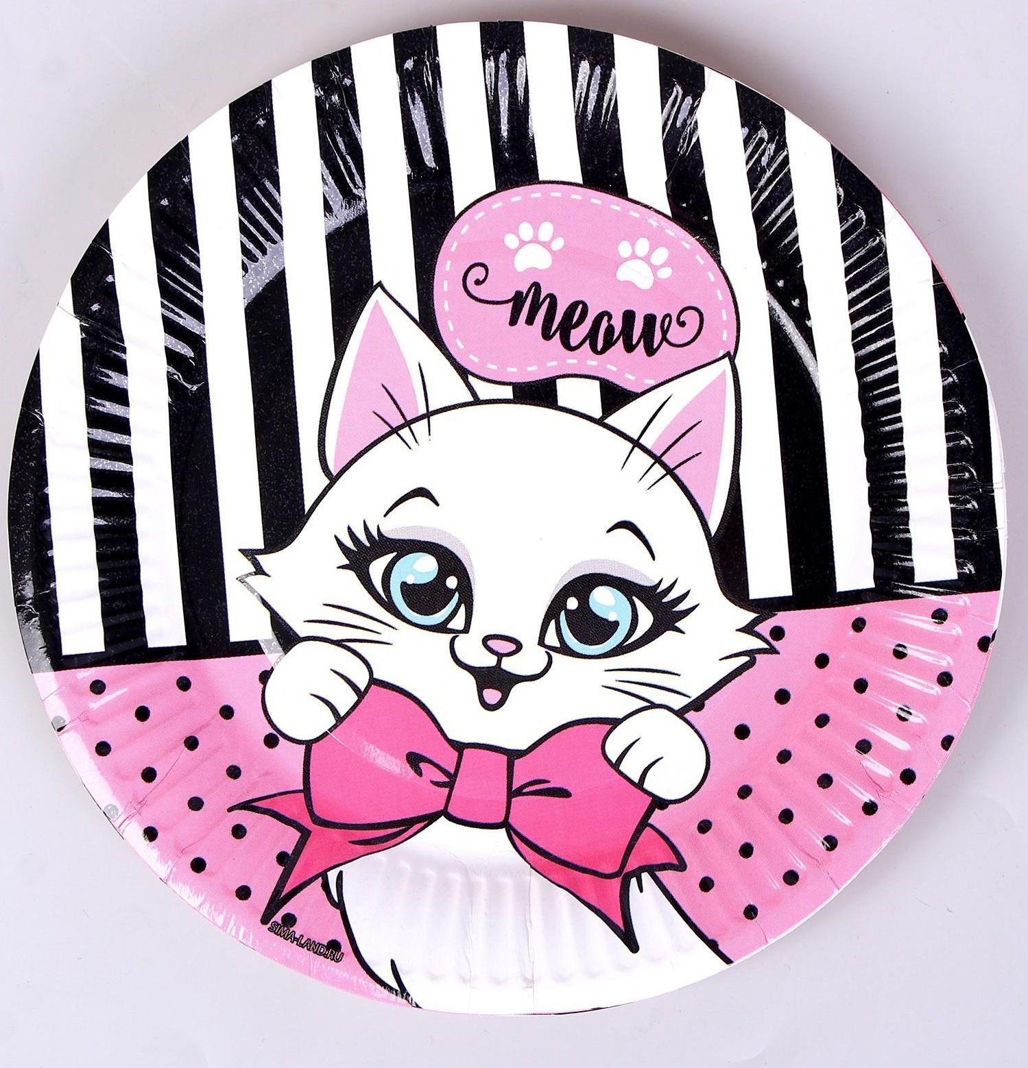 Набор бумажной посуды c масками «Кошечка», 6 тарелок, 6 стаканов, 6 масок