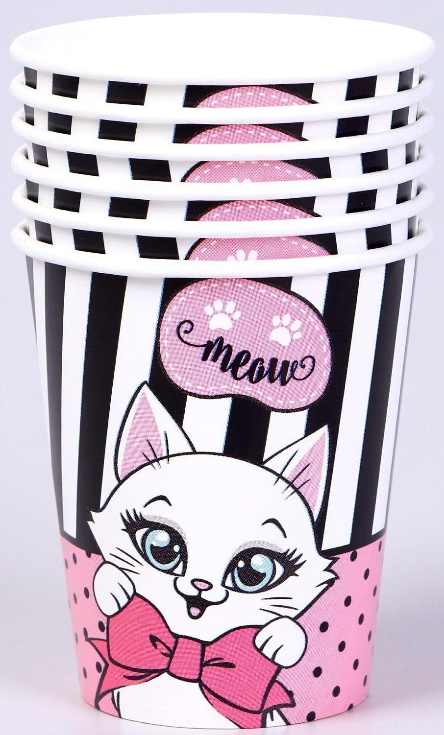 Набор бумажной посуды c масками «Кошечка», 6 тарелок, 6 стаканов, 6 масок