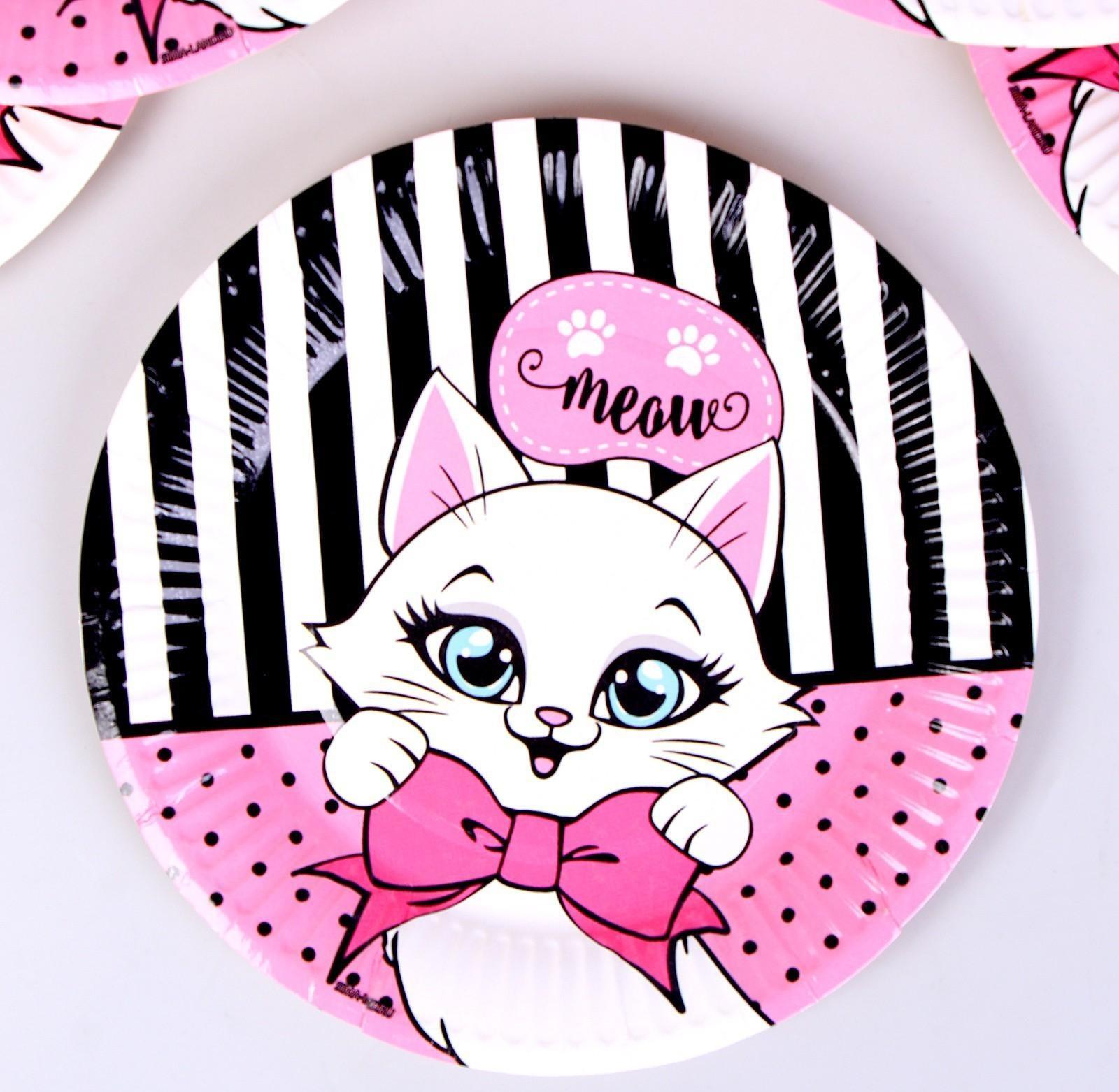 Набор бумажной посуды c масками «Кошечка», 6 тарелок, 6 стаканов, 6 масок