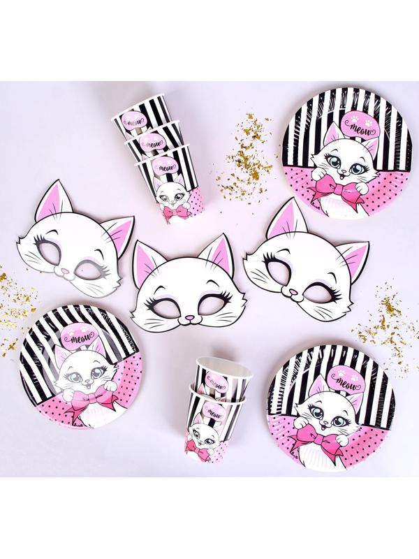Набор бумажной посуды c масками «Кошечка», 6 тарелок, 6 стаканов, 6 масок