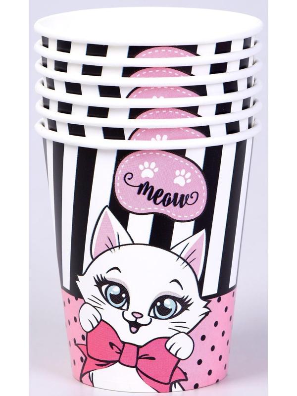 Набор бумажной посуды c масками «Кошечка», 6 тарелок, 6 стаканов, 6 масок
