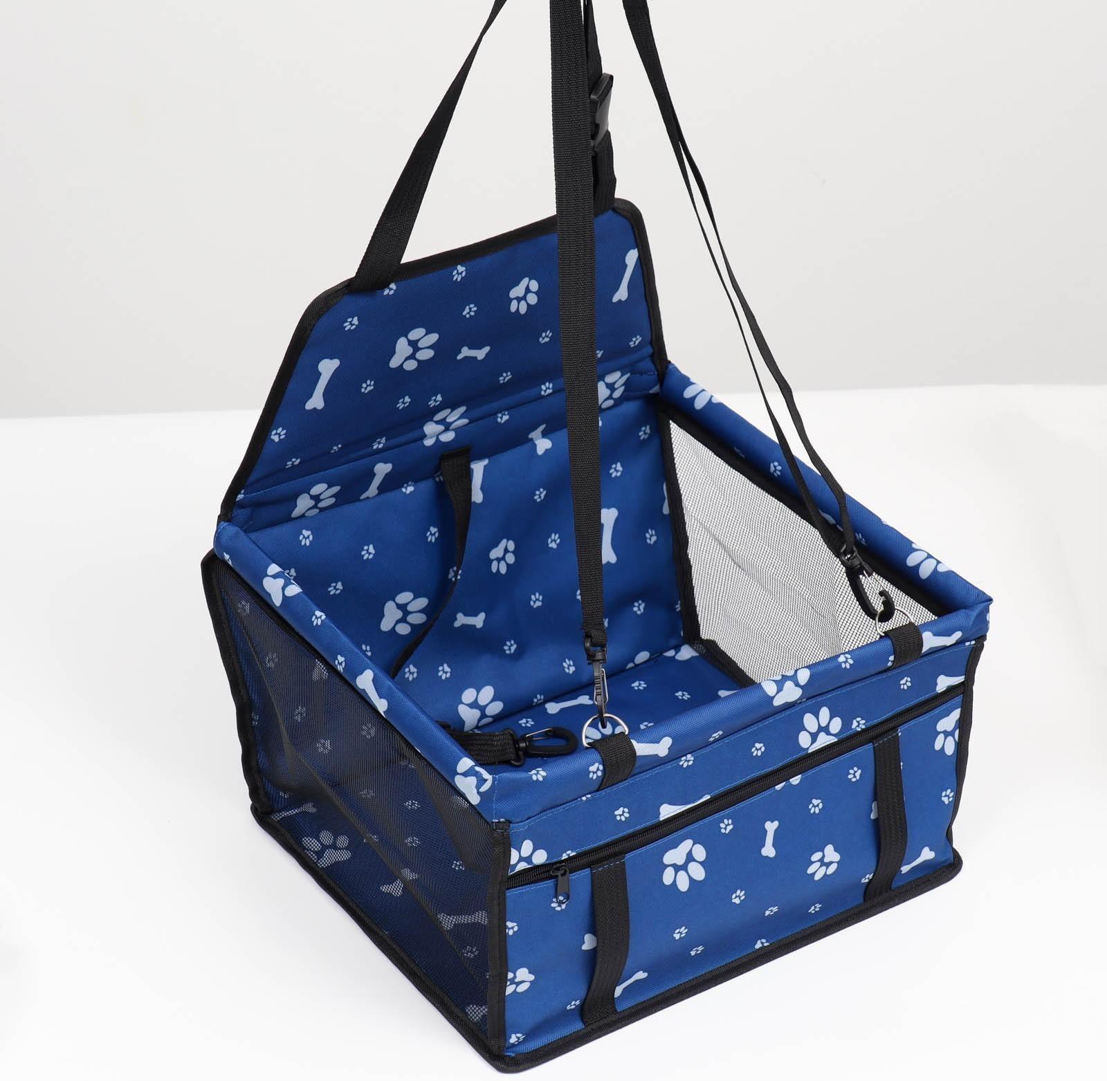 Автокресло для животных 40*30*25 см, синее с белыми лапками и косточками