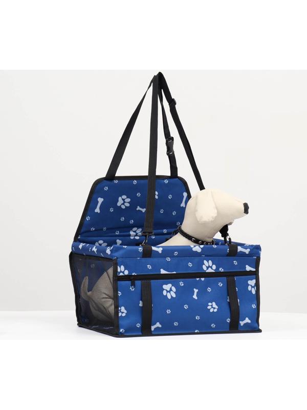 Автокресло для животных 40*30*25 см, синее с белыми лапками и косточками