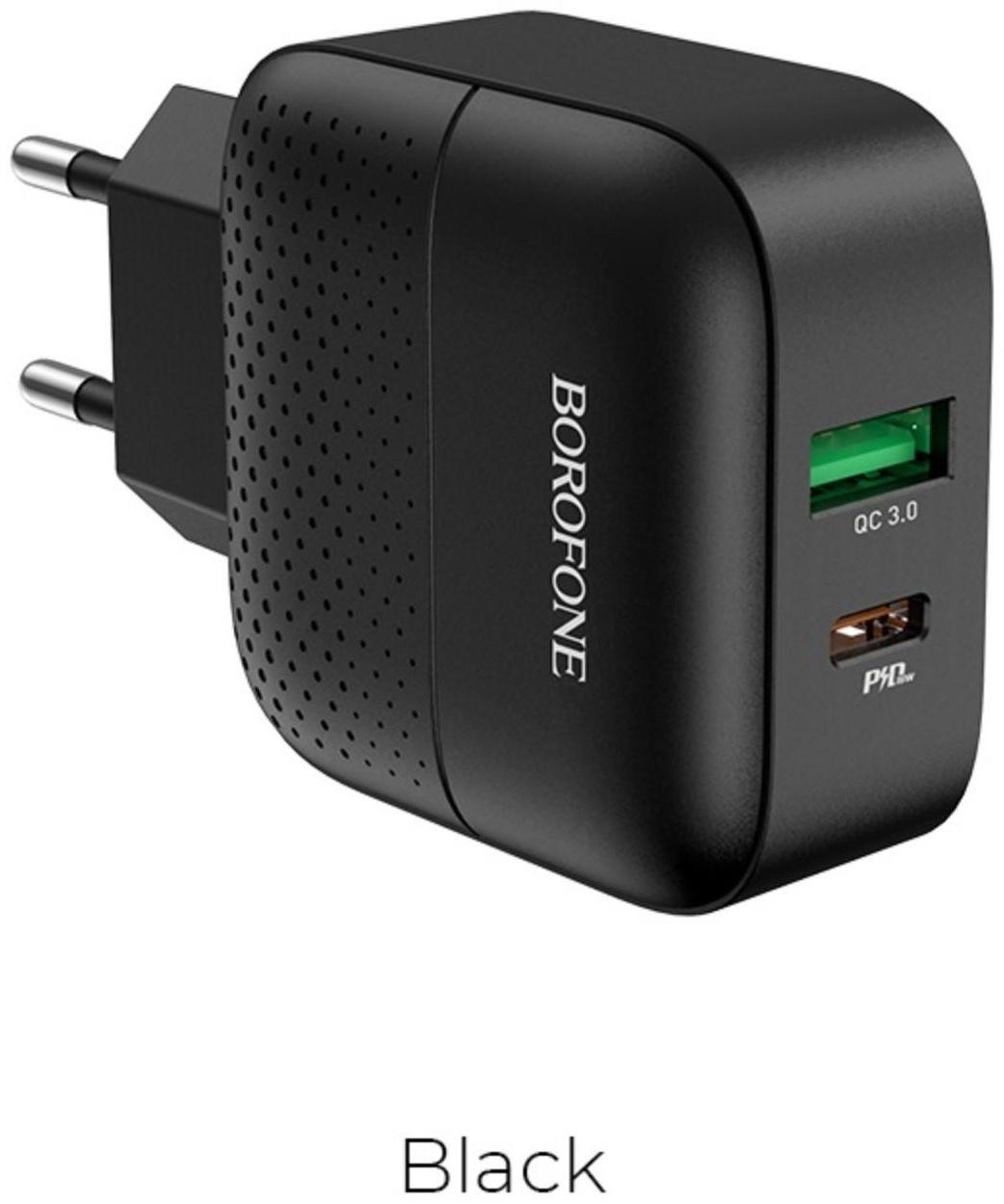 Сетевое зарядное устройство Borofone BA46A, USB QC3.0 3 А, Type-C PD 3 А, чёрное