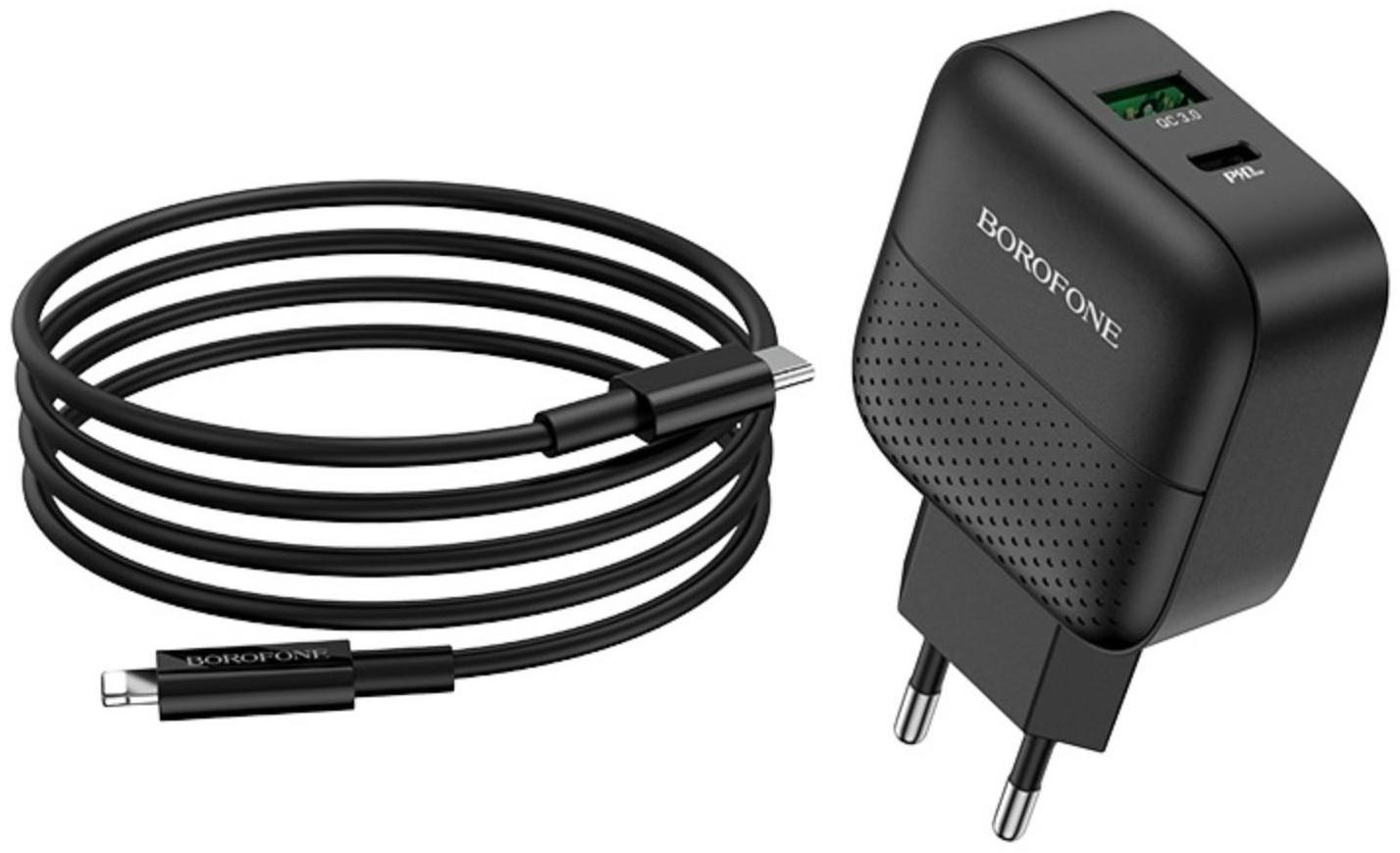 Сетевое зарядное устройство Borofone BA46A, USB QC3.0 3 А, Type-C PD 3 А, чёрное