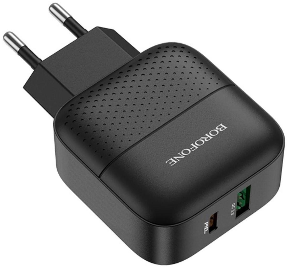 Сетевое зарядное устройство Borofone BA46A, USB QC3.0 3 А, Type-C PD 3 А, чёрное
