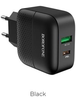 Сетевое зарядное устройство Borofone BA46A, USB QC3.0 3 А, Type-C PD 3 А, чёрное