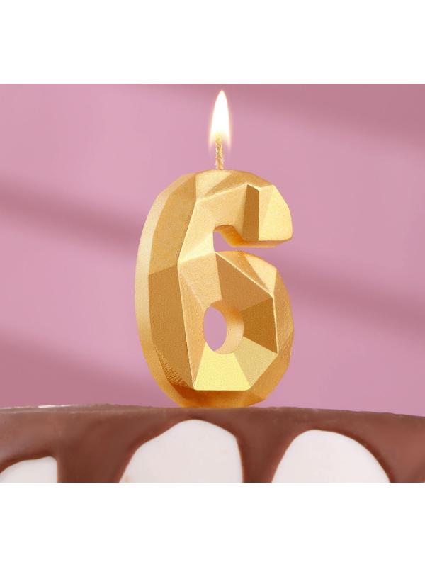 Свеча в торт «Алмаз» цифра 6 золотая, 6,5 см