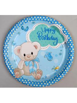 Тарелка бумажная «С днём рождения!», мишка, 18 см, в наборе 6 штук, голубая