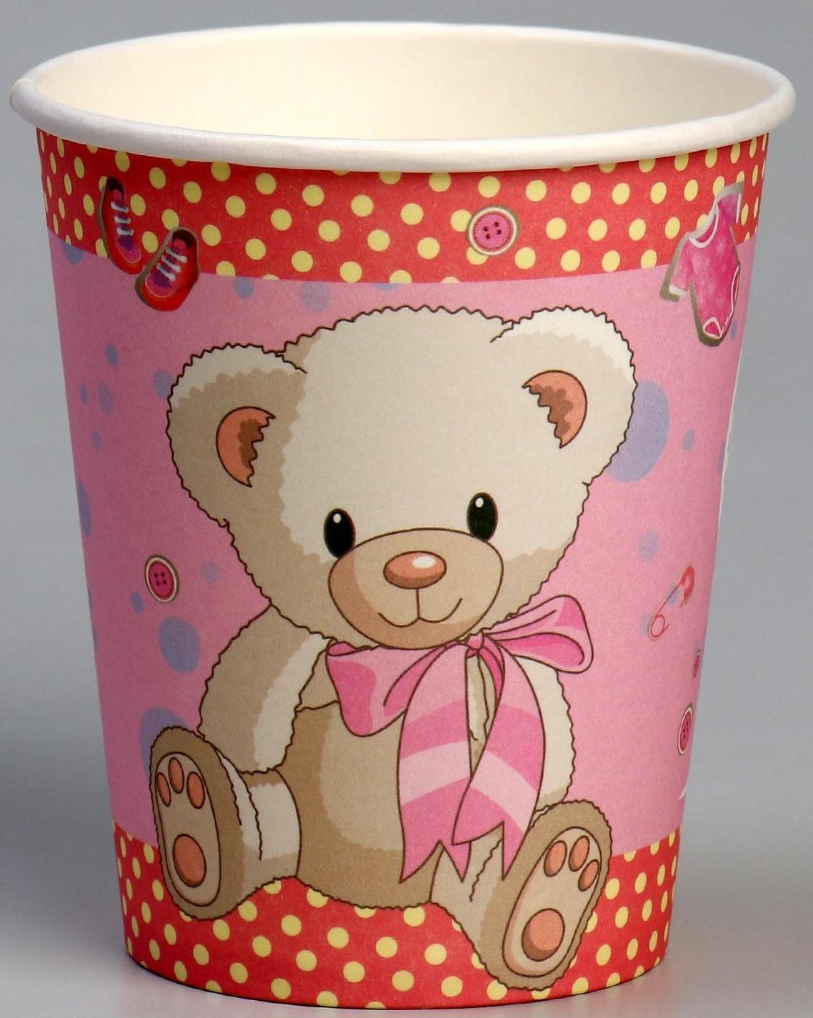 Стакан бумажный «С днём рождения», мишка, в наборе 6 штук, розовый