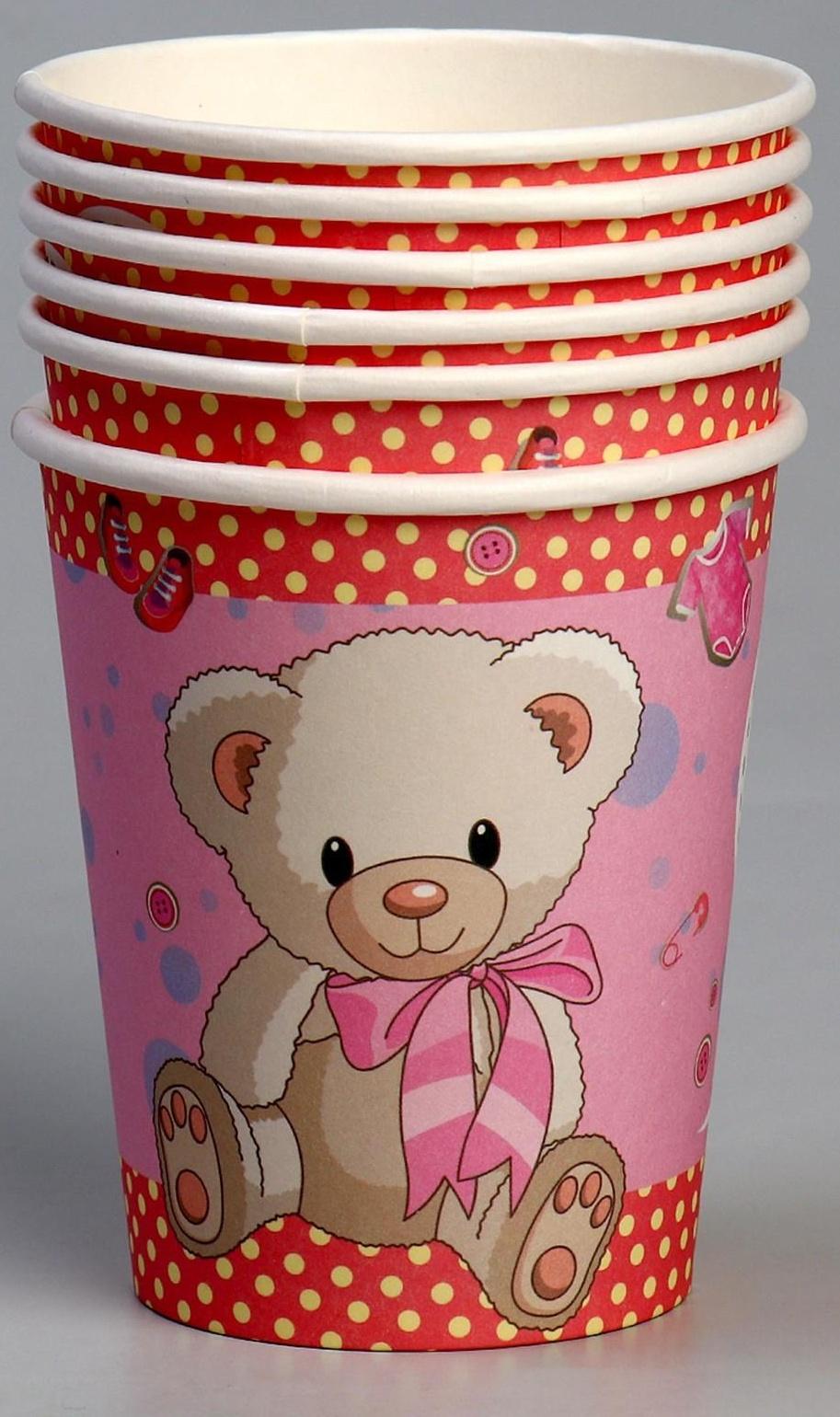 Стакан бумажный «С днём рождения», мишка, в наборе 6 штук, розовый