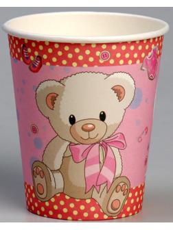 Стакан бумажный «С днём рождения», мишка, в наборе 6 штук, розовый