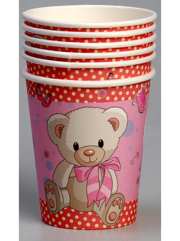 Стакан бумажный «С днём рождения», мишка, в наборе 6 штук, розовый