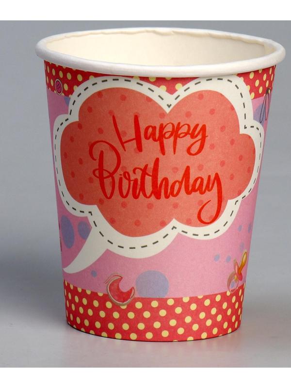 Стакан бумажный «С днём рождения», мишка, в наборе 6 штук, розовый