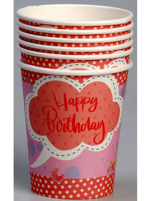 Стакан бумажный «С днём рождения», мишка, в наборе 6 штук, розовый