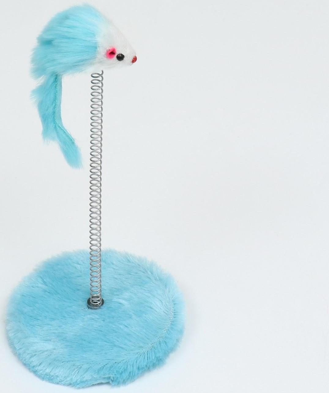 Дразнилка для кошек на пружине с мышью (5 см), 10,5 х 23 см, голубая