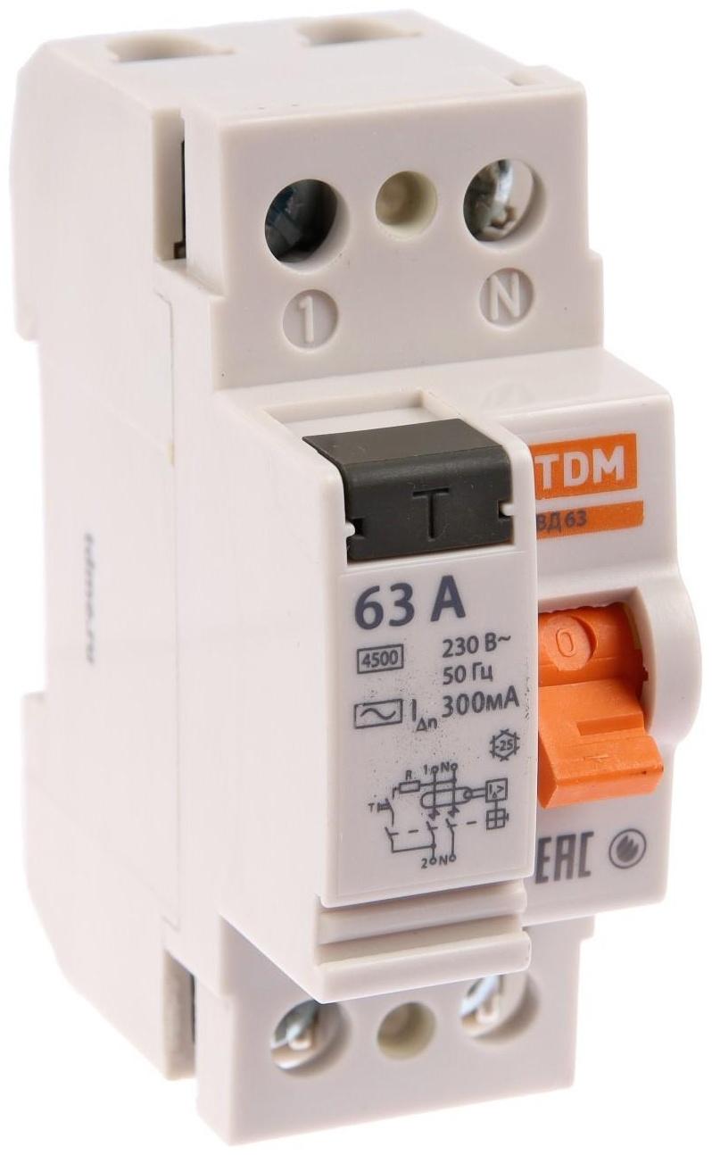 УЗО TDM ВД63, 2п, 63 А, 300 мА, электронное, SQ0220-0024