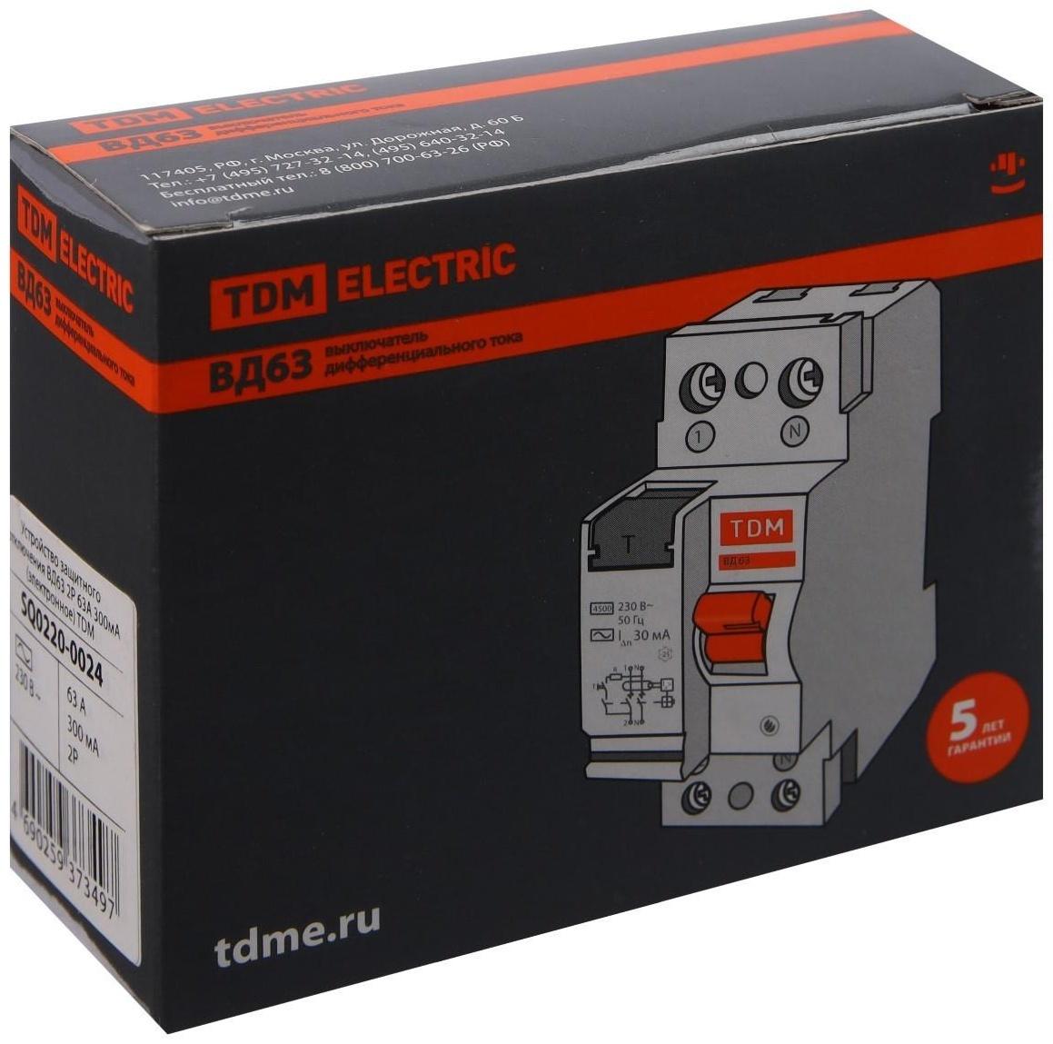 УЗО TDM ВД63, 2п, 63 А, 300 мА, электронное, SQ0220-0024
