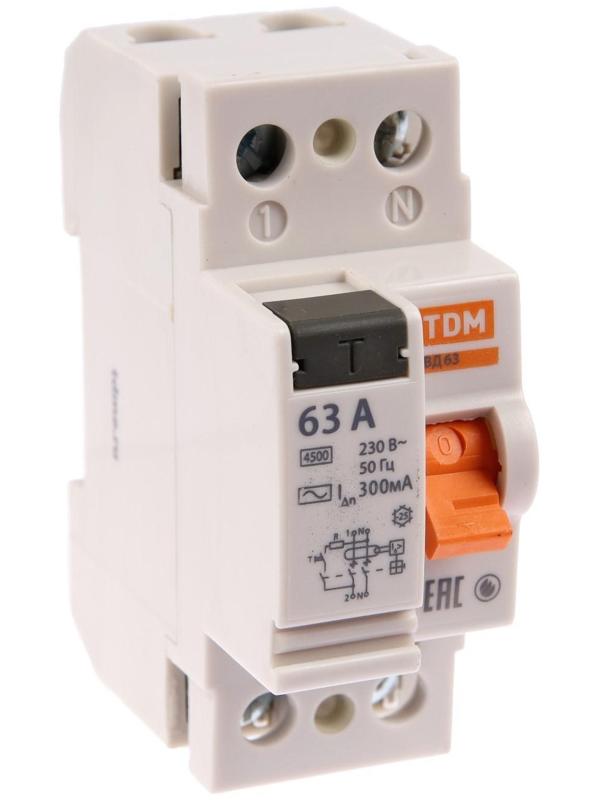 УЗО TDM ВД63, 2п, 63 А, 300 мА, электронное, SQ0220-0024