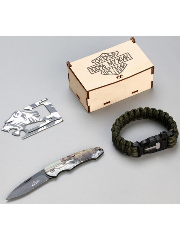 Набор подарочный 3в1 (браслет, карта выживания, нож складной) 100% мужик