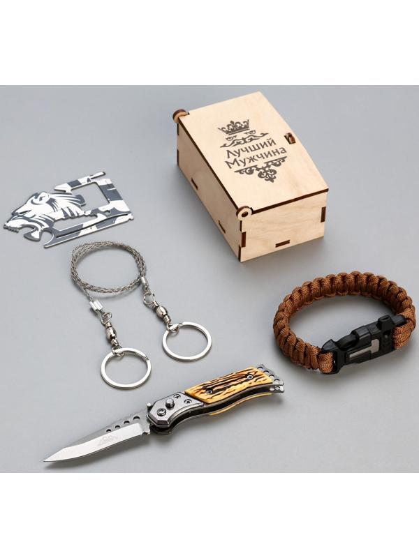 Набор подарочный 4в1 (браслет, карта выживания, нож складной, пила-струна) Лучший мужчина