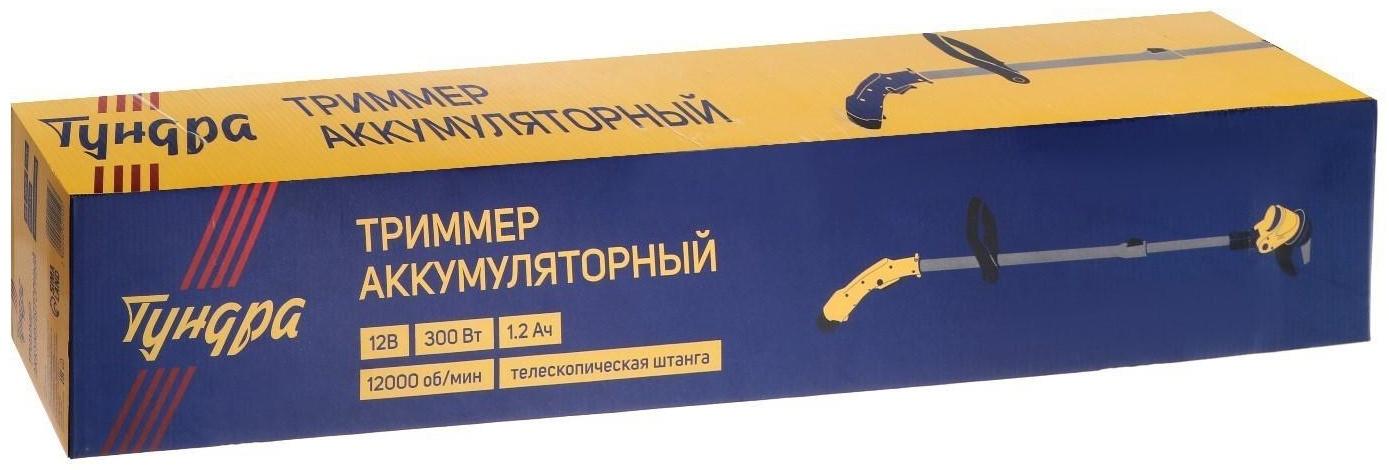 Триммер аккумуляторный ТУНДРА, 12 В, 300 Вт, 1.2 Ач, 12000 об/мин, телескопическая штанга