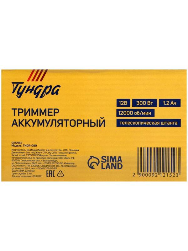 Триммер аккумуляторный ТУНДРА, 12 В, 300 Вт, 1.2 Ач, 12000 об/мин, телескопическая штанга