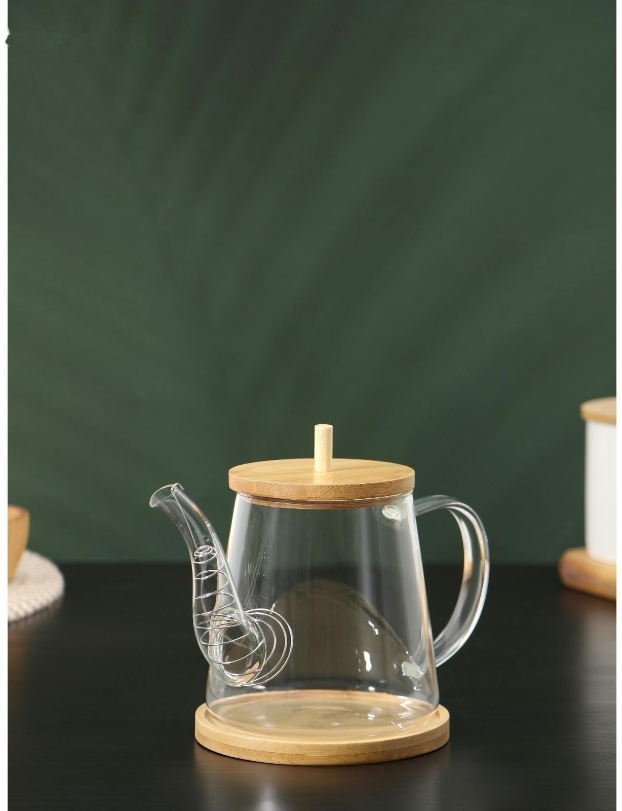 Чайник стеклянный заварочный с бамбуковой крышкой и металлическим фильтром BellaTenero «Бамбук», 600 мл, 19×11,3×12,2 см