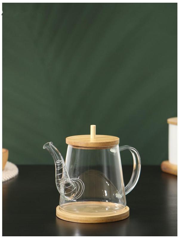 Чайник стеклянный заварочный с бамбуковой крышкой и металлическим фильтром BellaTenero «Бамбук», 600 мл, 19×11,3×12,2 см