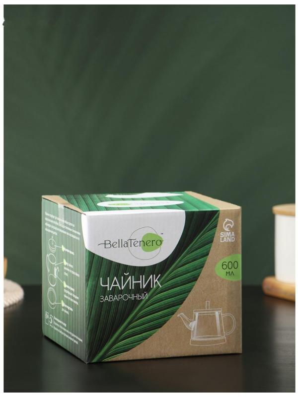Чайник стеклянный заварочный с бамбуковой крышкой и металлическим фильтром BellaTenero «Бамбук», 600 мл, 19×11,3×12,2 см