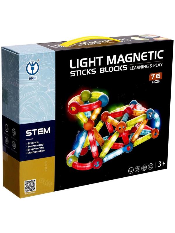 Конструктор магнитный для малышей «Световые палочки», 76 деталей