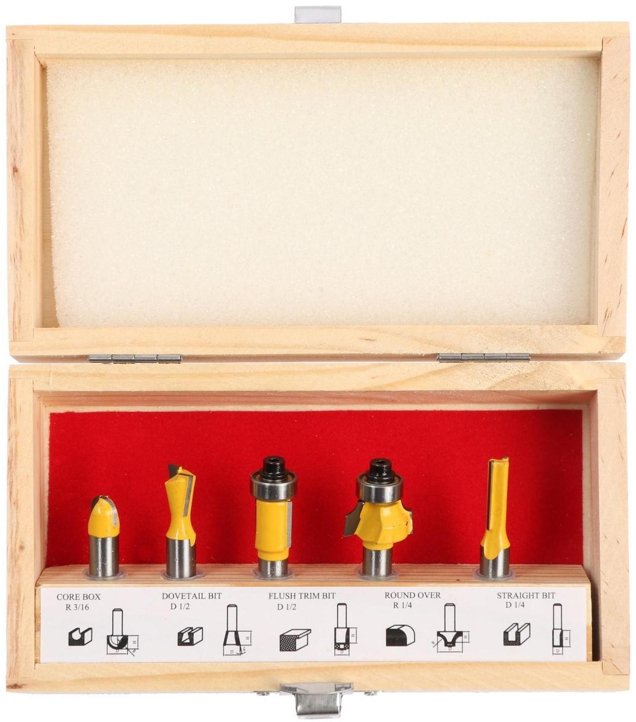 Набор фрез по дереву ТУНДРА, деревянный ящик, хвостовик 8 мм, 5 шт.