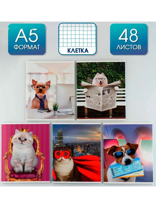 Тетрадь А5, 48 л на скрепке МИКС «Милые питомцы» , обложка мелованный картон 230 гр., внутренний блок №1, в клетку 80 гр., белизна 96% / Микс 1 шт.