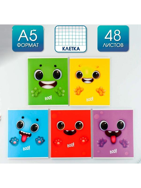 Тетрадь А5, 48 л на скрепке МИКС «Boo!», обложка мелованный картон 230 гр., внутренний блок №1, в клетку 80 гр., белизна 96% / 1 шт.