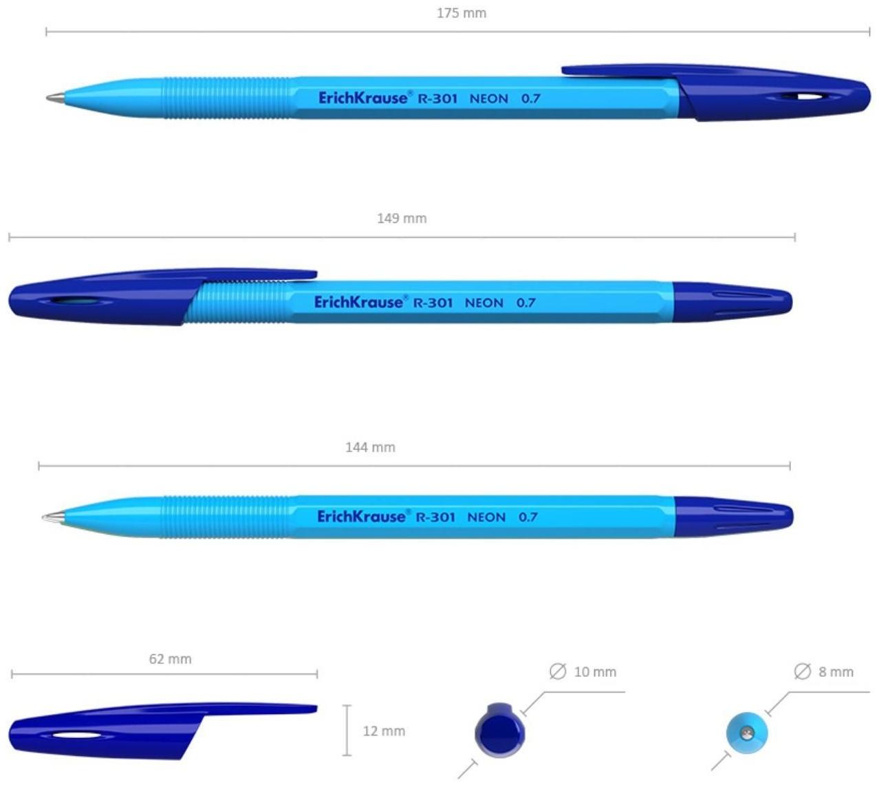 Набор ручек шариковых ErichKrause R-301 Neon Stick, 4 штуки, узел 0.7 мм, цвет чернил синий, корпус неоновый микс