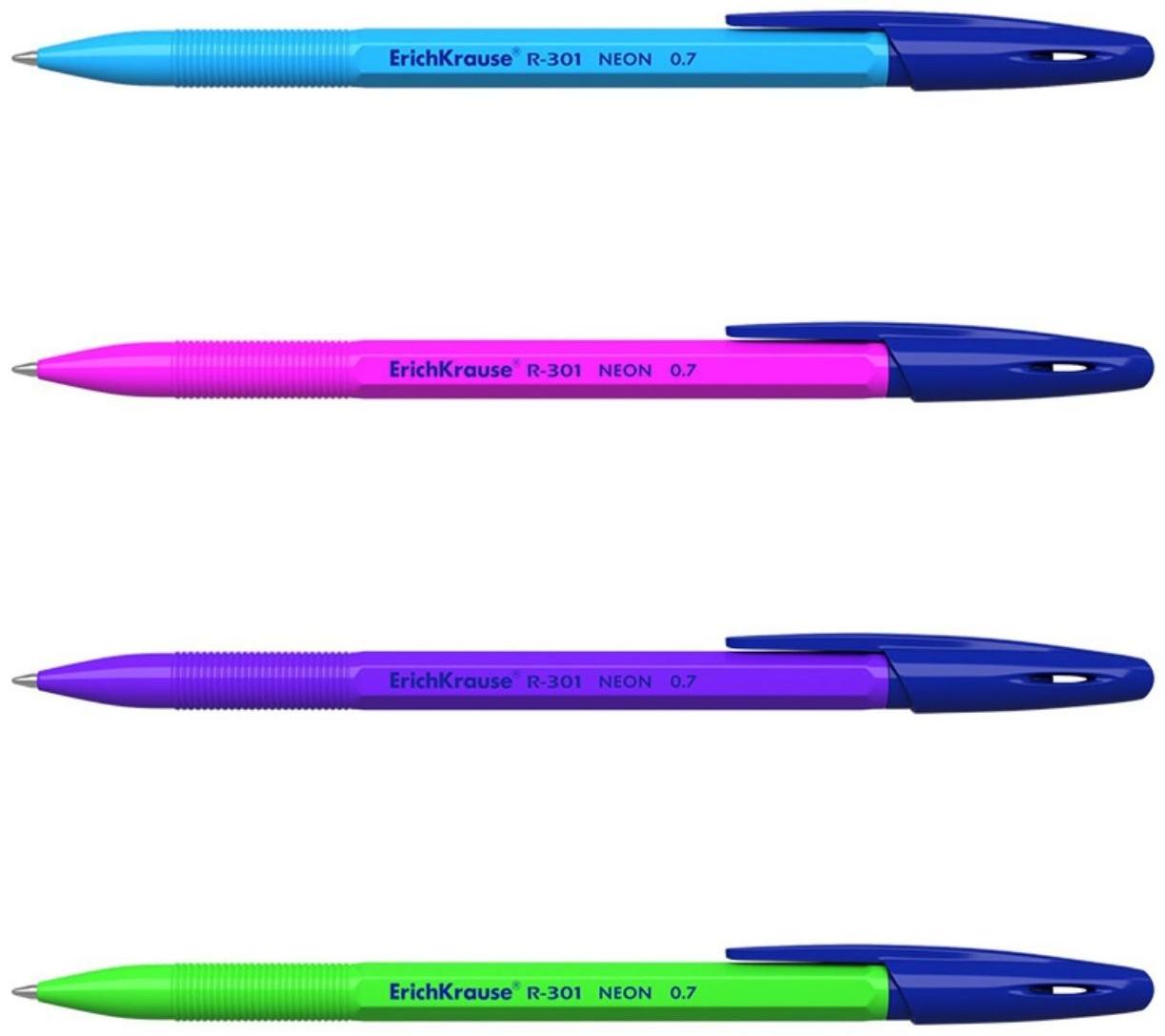 Набор ручек шариковых ErichKrause R-301 Neon Stick, 4 штуки, узел 0.7 мм, цвет чернил синий, корпус неоновый микс