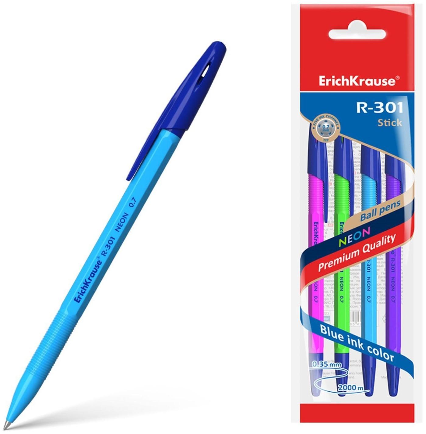 Набор ручек шариковых ErichKrause R-301 Neon Stick, 4 штуки, узел 0.7 мм, цвет чернил синий, корпус неоновый микс