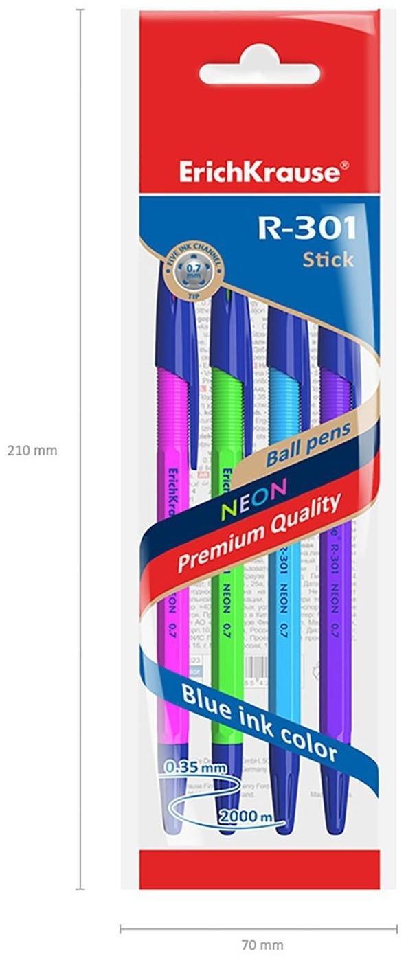 Набор ручек шариковых ErichKrause R-301 Neon Stick, 4 штуки, узел 0.7 мм, цвет чернил синий, корпус неоновый микс