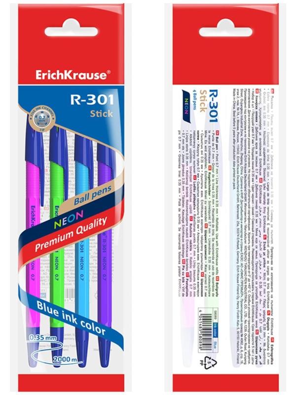 Набор ручек шариковых ErichKrause R-301 Neon Stick, 4 штуки, узел 0.7 мм, цвет чернил синий, корпус неоновый микс