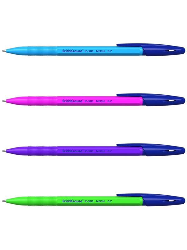 Набор ручек шариковых ErichKrause R-301 Neon Stick, 4 штуки, узел 0.7 мм, цвет чернил синий, корпус неоновый микс