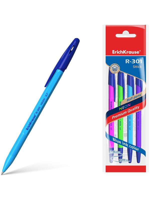 Набор ручек шариковых ErichKrause R-301 Neon Stick, 4 штуки, узел 0.7 мм, цвет чернил синий, корпус неоновый микс
