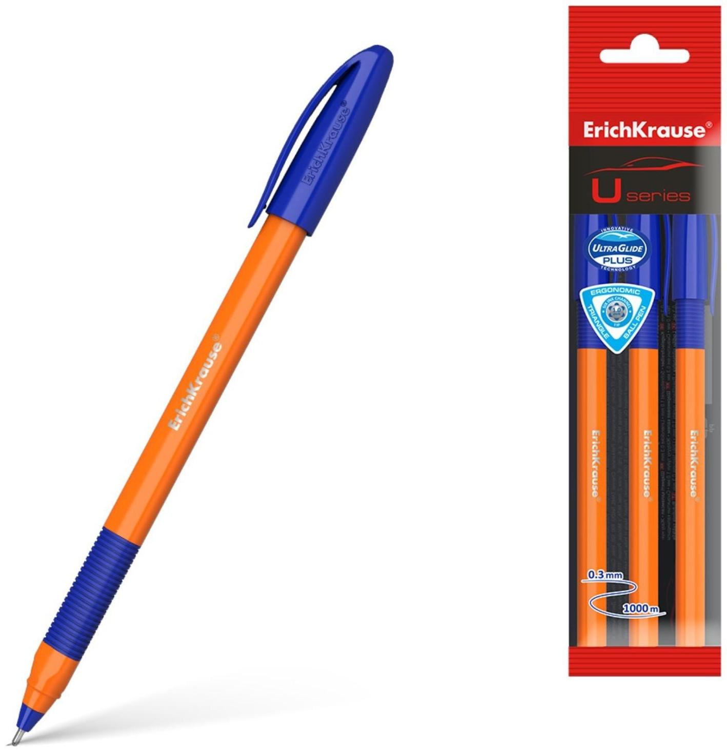 Набор ручек шариковых ErichKrause U-109 Orange Stick&Grip, 3 штуки, игольчатый узел 1.0 мм, цвет чернил синий, супермягкое письмо, резиновый упор, корпус оранжевый
