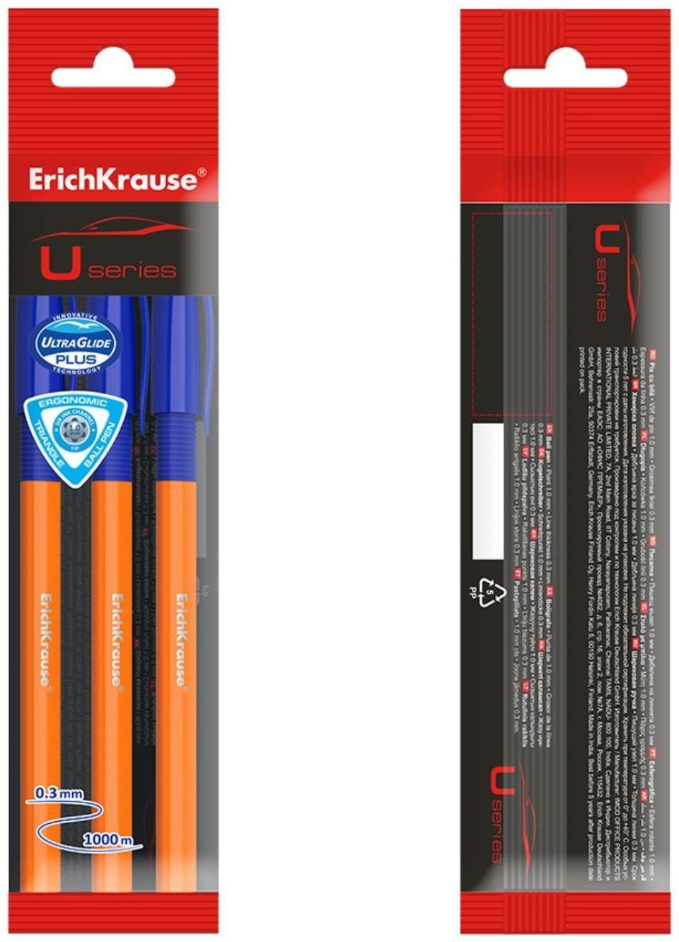 Набор ручек шариковых ErichKrause U-109 Orange Stick&Grip, 3 штуки, игольчатый узел 1.0 мм, цвет чернил синий, супермягкое письмо, резиновый упор, корпус оранжевый