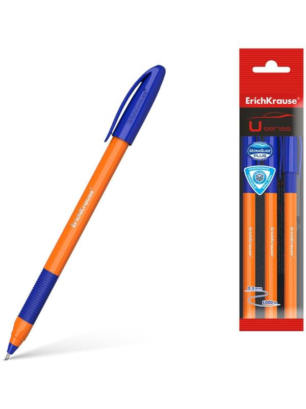 Набор ручек шариковых ErichKrause U-109 Orange Stick&Grip, 3 штуки, игольчатый узел 1.0 мм, цвет чернил синий, супермягкое письмо, резиновый упор, корпус оранжевый
