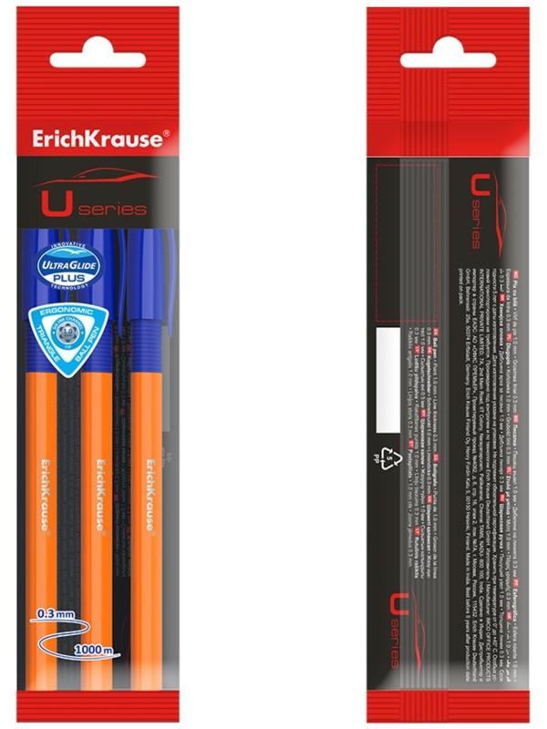Набор ручек шариковых ErichKrause U-109 Orange Stick&Grip, 3 штуки, игольчатый узел 1.0 мм, цвет чернил синий, супермягкое письмо, резиновый упор, корпус оранжевый
