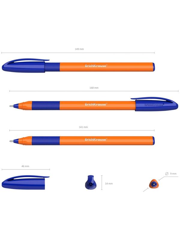 Набор ручек шариковых ErichKrause U-109 Orange Stick&Grip, 3 штуки, игольчатый узел 1.0 мм, цвет чернил синий, супермягкое письмо, резиновый упор, корпус оранжевый