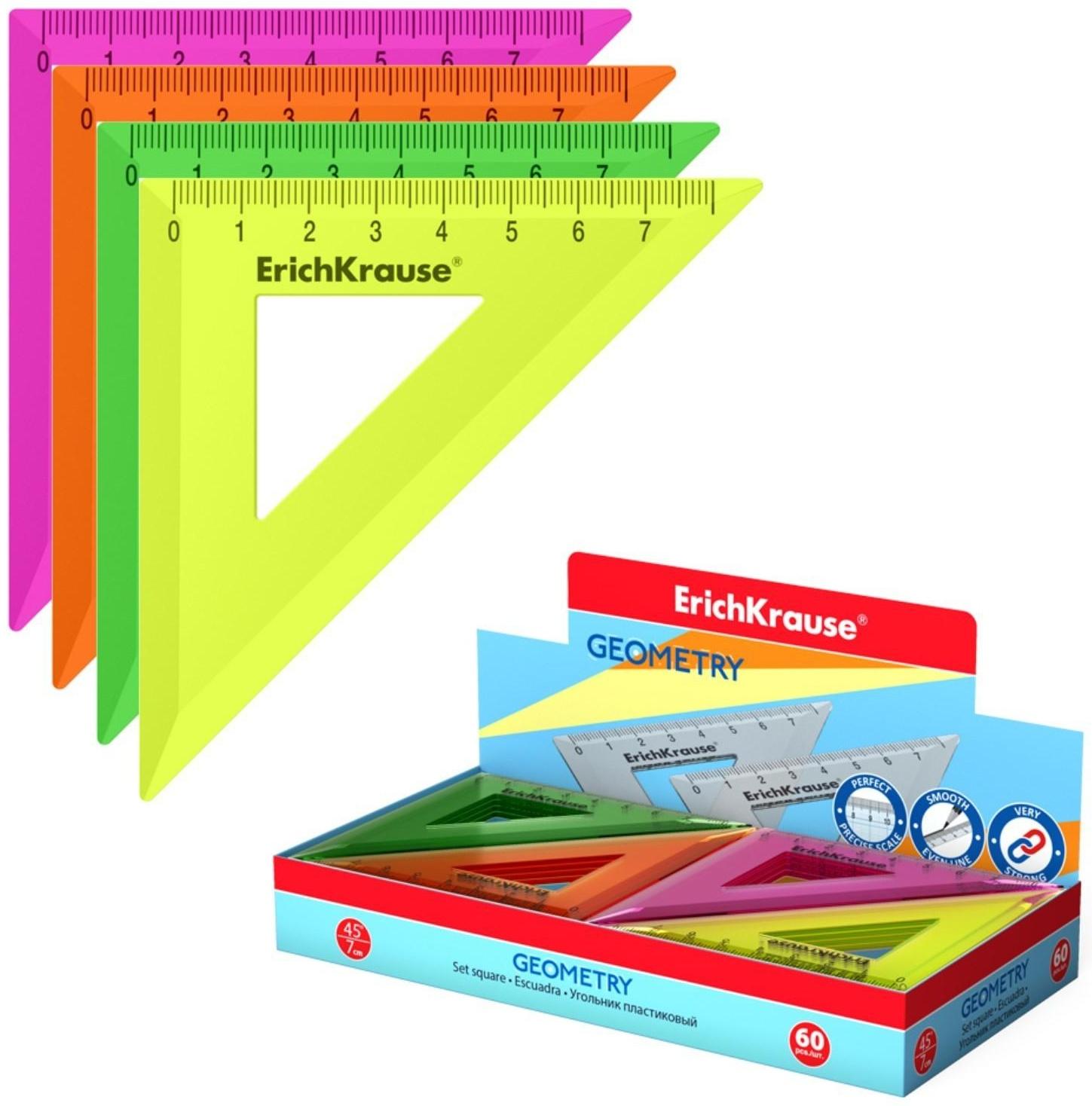 Треугольник 45*/ 7 см ErichKrause Neon Solid, пластик, микс из 4 цветов, в коробке-дисплее