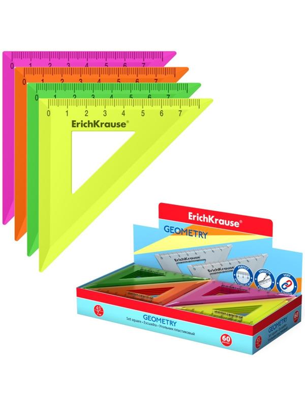 Треугольник 45*/ 7 см ErichKrause Neon Solid, пластик, микс из 4 цветов, в коробке-дисплее